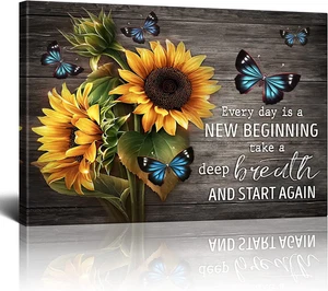 Arte de Pared Inspirador Girasol Decoración de Pared Versículo Bíblico Azul Mariposa Lienzo Pr - Imagen 1 de 12