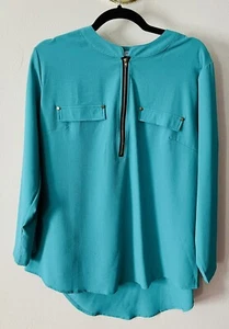 ANGVNS Teal Half Zip Blouse Women’s SIZE XL Rollup Sleeves with Button - Picture 1 of 7
