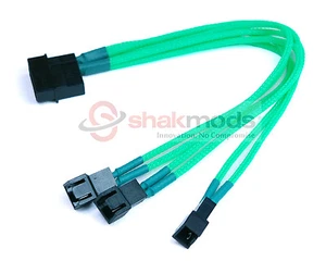 Shakmods Molex to 3 x 3 pin Fan 20cm Y Splitter Power Cable 12v Green Sleeved - Picture 1 of 6