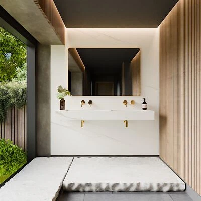 Doppel Waschbecken Waschtisch Marmoroptik Weiß Matt - Handgefertigt - Bild 1 von 2