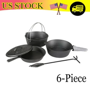 Camping Cookware Set Cast Iron Camp Cooking Fry Pan Dutch Oven with Lid 6 Piece - Picture 1 of 5