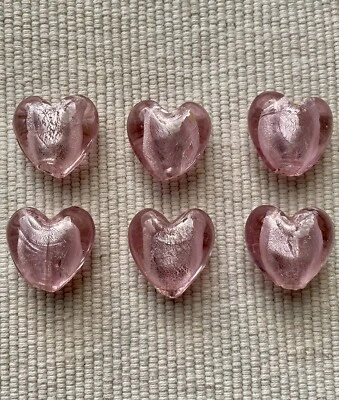 6 Handmade Glass Silver Foil Lampwork 20mm Hearts Beads - Light Pink - Image 1 of 4