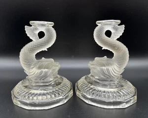 Satin Frosted & Clear 6” Glass Dolphin Koi Fish Taper Candle Holders x2 - Picture 1 of 12