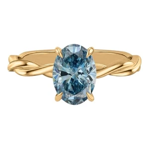 Oval Cut Diamond Ring 14K Yellow Gold Fancy Intense Blue 1.45 Ct IGI Lab Grown - Picture 1 of 10