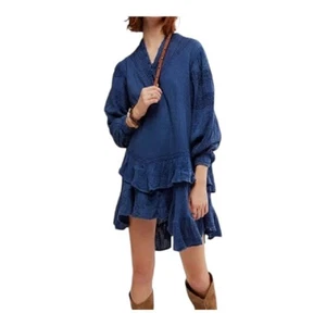Free People Cotton Minidress Sachi Long Sleeve Lacey Hem Ruffles Blue Small NEW - Picture 1 of 19