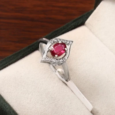 Natural Ruby Sterling Silver Ring Leaf Design CZ Vintage Style Engagement Gift - Image 1 of 4