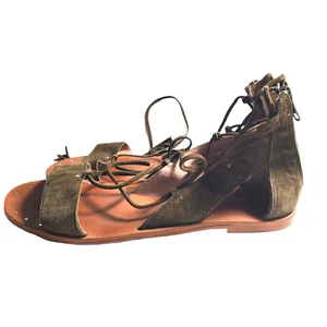 Madewell Bridget Gladiator Sandals Size 7 Green Suede Leather Flat Boho Lace Up - Picture 1 of 12