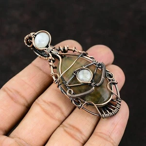 Copper Multi Fluorite Gemstone Rainbow Moonstone Mother Art Deco Pendant Jewelry - Picture 1 of 7