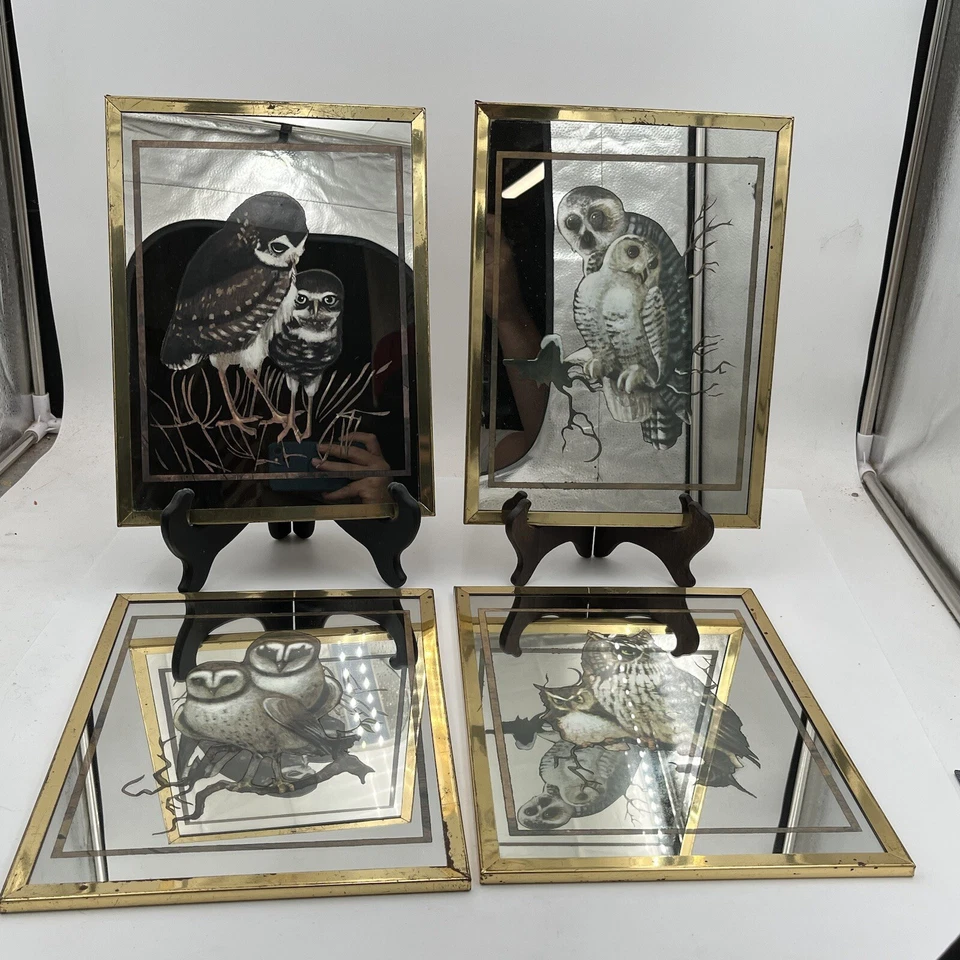 Juego de 4 espejos retro vintage MCM Art Mid Century imagen búho enmarcados 11" x 8" mod Foto 1 de 4
