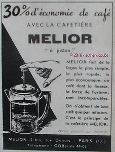 PUBLICITE MELIOR CAFETIERE CAFE FORCE DE L'AROME FINESSE DE 1951 FRENCH AD PUB - Picture 1 of 1