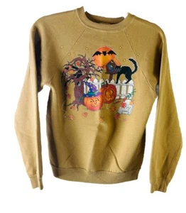 Vintage 90s Womens Small Halloween Black Cat Pumpkins Faded Crewneck Sweatshirt - Picture 1 of 7