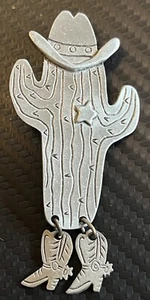 SIGNED "JJ" COWBOY CACTUS SHERIFF DANGLEY BOOTS PEWTER BROOCH - Picture 1 of 3