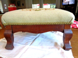 Vintage Needlepoint Footstool Stool Walnut Wood Victorian Boudoir Granny Chic