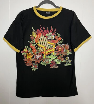 Vintage Rich’s Sportswear Adult XL Floral Ringer T Shirt Black Yellow Made USA - Image 1 of 4