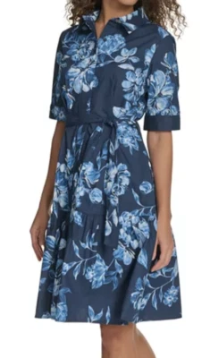 Gorgeous NWT Calvin Klein Cotton Floral Belted Shirt Dress Indigo Multi Sz 10 - Image 1 of 4