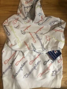 Champion Boys All Over Logo Script Pullover Hoodie Size 6 White NEW - Picture 1 of 4