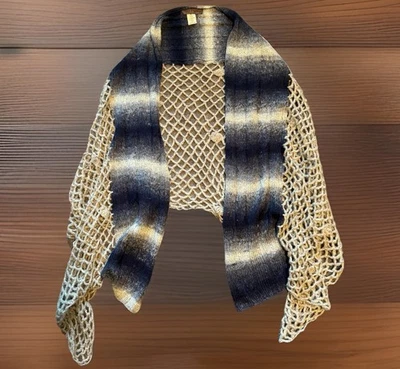 Vintage FREE PEOPLE Wrap 88x27 Ivory Open Knit & Blue Crochet Colorblock Scarf - Image 1 of 4