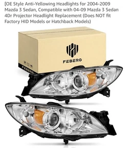 Feberg 2004-2009 Mazda 3 Sedan Projector Headlights Replacement Left+Right - Picture 1 of 8