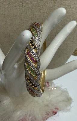 Gold Over Sterling Silver Hinged Bangle Multi Colors Stone Signed R 23g 7.5” - Image 1 of 4