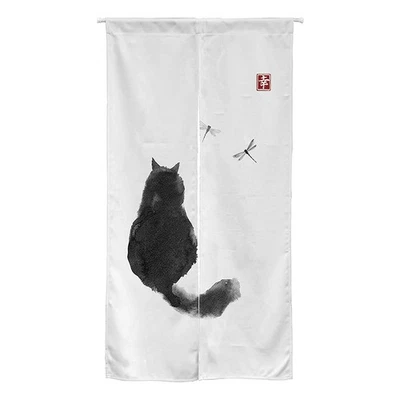 Ofat Home Design Japanese Ink Cat Black and White Noren Doorway Curtain Polye... - Image 1 of 4