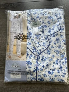 Global Cotton Pajamas Floral Pajama Set Button Pull On Pant Size M - Picture 1 of 9
