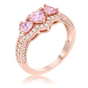 Anello placcato oro rosa 3 pietre taglio trilione zirconi rosa pave aureola - Foto 1 di 7