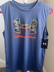 NEW Boys Under Armour Loose Fit Tech Printed Sleeveless Shirt - Blue - Large - Picture 1 of 2