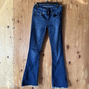 American Eagle Outfitters AEO Artist Flare Blue Jeans Raw Hem Size 0 Long EUC - Picture 1 of 6