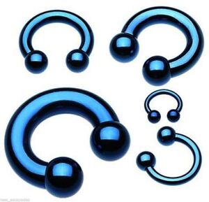 Horseshoe Ear Lip 14 Gauge 7/16" 5mm Balls Titanium IP Blue Dark Body Jewelry