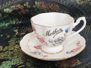 England Bone CHINA TEA CUP & SAUCER  Hand Painted Pink Blue Floral “ Mother” - Picture 1 of 4