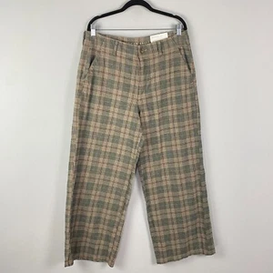 American Eagle Super High Rise Baggy Wide Leg Pants 14 Short Gray Beige Plaid - Picture 1 of 11