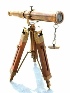 Telescopio de madera decorativo con acabado antiguo náutico de latón hecho a mano soporte trípode - Imagen 1 de 6