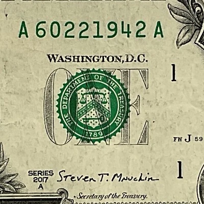 Billete de un dólar A60221942A número de serie elegante de cumpleaños 22 de junio de 1942 Foto 1 de 4