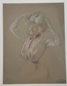 Original ELLEN DAY HALE ""Mujer con sombrero"" Lápiz de Color Dibujo Estudio para Pintura - Imagen 1 de 8