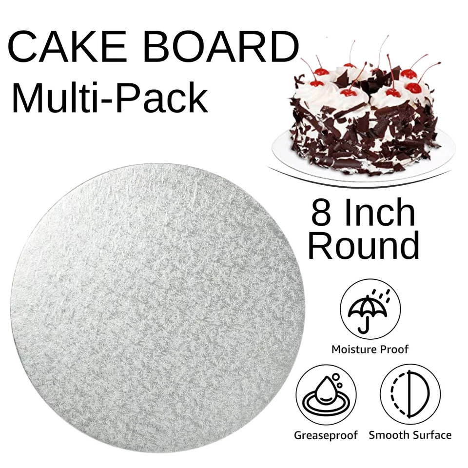 DORIC 8 Inch Round Premium Cake Boards Silver Foil 3mm Double Thick