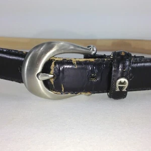 "Cinturón de cuero negro cepillado para mujer Etienne Aigner hebilla plateada talla grande 41" - Imagen 1 de 6