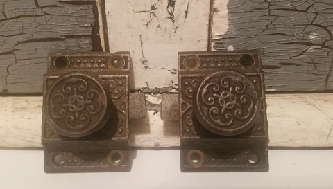 2 Antique Victorian Ornate Cabinet Door Lock Cast Iron Matching Cover