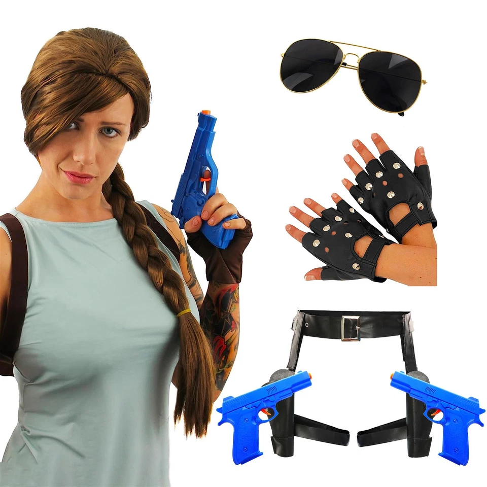 TOMB EXPLORER LARA FANCY DRESS ACCESSORIES CHOOSE GUNS HOLSTER  GLOVES GLASSES - Image 1 of 4