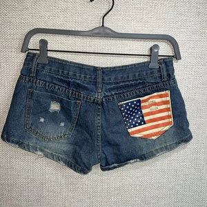 Kumei Fashion Denim Short Shorts Frayed w/ Back Pocket American Flag Sz M - Picture 1 of 3