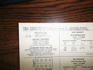 1964 Chevrolet Corvette 327 Special Cam & FI w/TI SUN Tune Up Chart Sheet Great - Picture 1 of 6