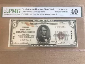SERIAL NUMBER #1 1929 $5 Castleton on Hudson, NEW YORK NY PMG 40 STAINS - Picture 1 of 6
