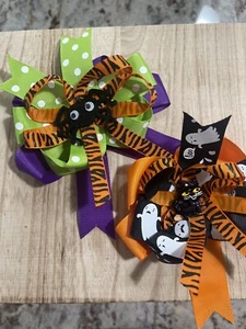 Halloween Girls Hair Bows 2 Total Black Cat & Spider No Tag  • New - Picture 1 of 11