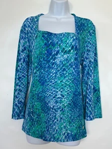 Anne Klein Women's XL Blue/Green Artsy Flow Retro Square Neck 3/4 Sleeve Tunic - Picture 1 of 9