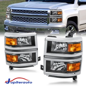 Pair Chrome Trim Headlights Headlamps For 2014-2015 Chevy Silverado 1500 - Picture 1 of 13