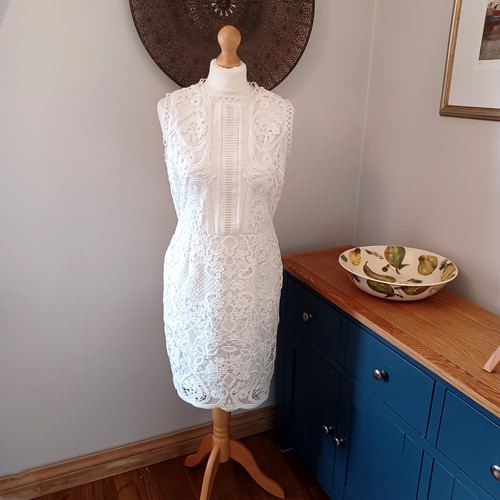 OFF WHITE Abito Bodycon River Island Off White Pizzo Senza Maniche 14 Elasticizzato Elegante Occasione