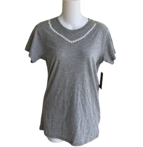 Cynthia Rowley Heather Gray Pearl Trim T-Shirt Top Short Sleeve 100% Cotton NWT - Picture 1 of 6