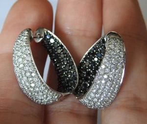 DESIGNER 18K White GOLD 4 CT WHITE & BLACK DIAMOND HUGE HOOP Earrings - Picture 1 of 11