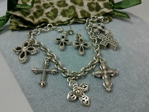 Brighton Silver SP Christian Religious Cross Charm Bracelet Earring Mod Set Lot - Picture 1 of 18