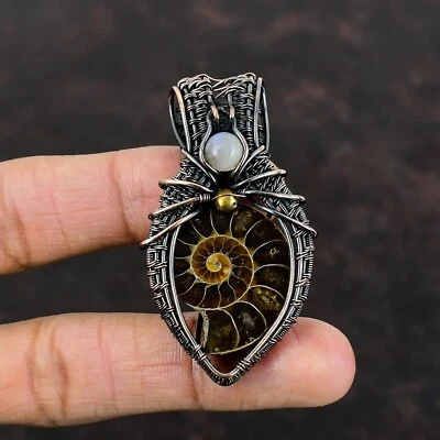 Regalo de cumpleaños para ella colgante envuelto en alambre fósil de amonita joyería de cobre 2,36" Foto 1 de 4
