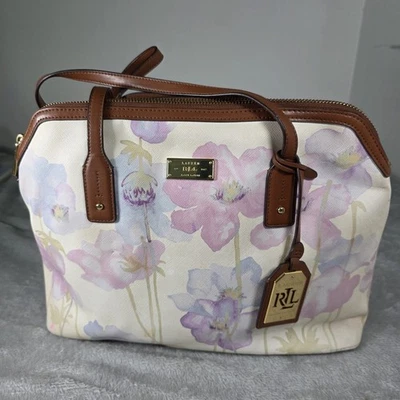 Ralph Lauren RLL Whire Floral Leather Shoulder Bag Tote Purse Watercolor  - Image 1 of 4